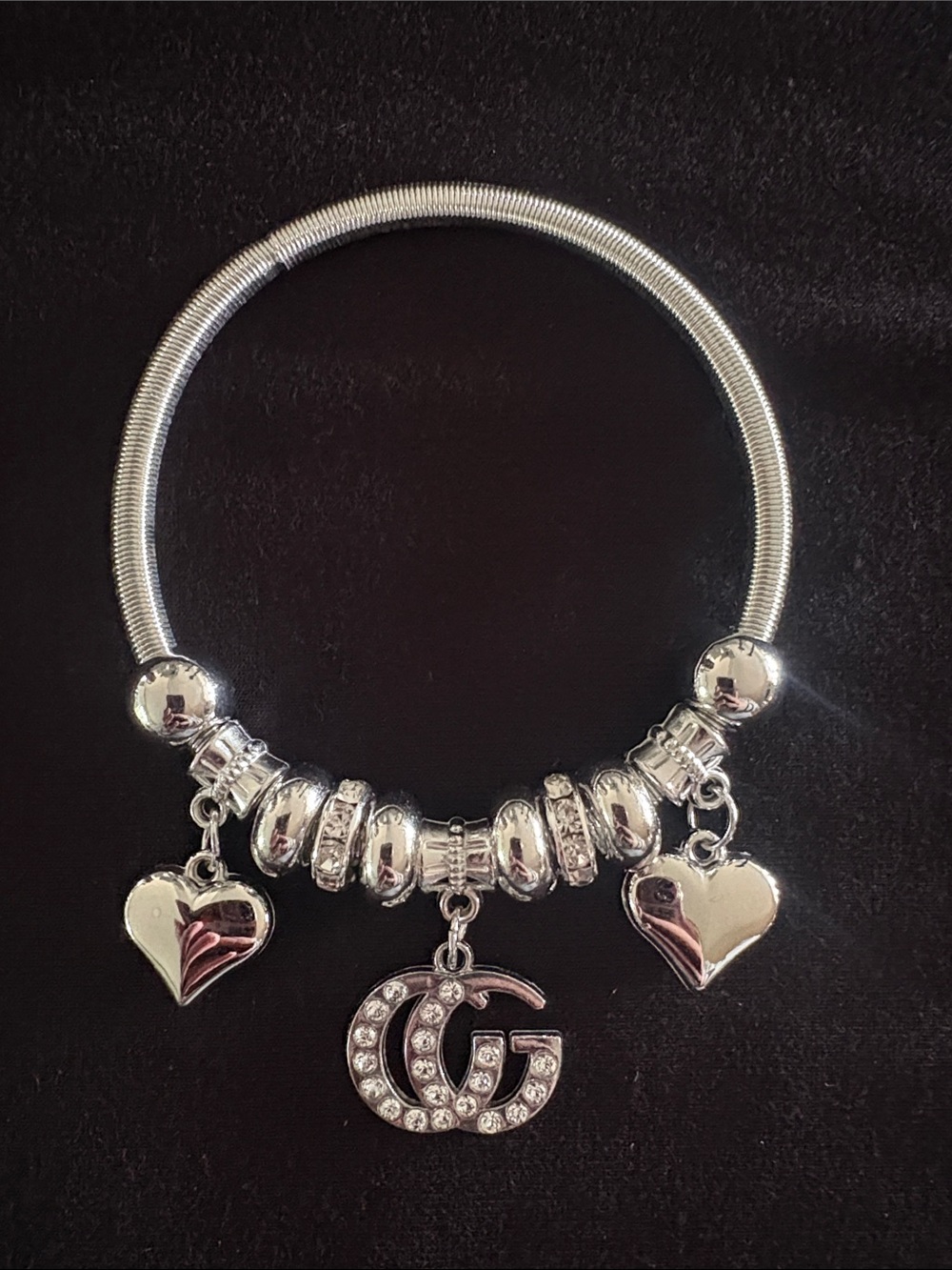 Silver Fashion Charm Bracelet with Heart and Crystal Interlocking G Accent